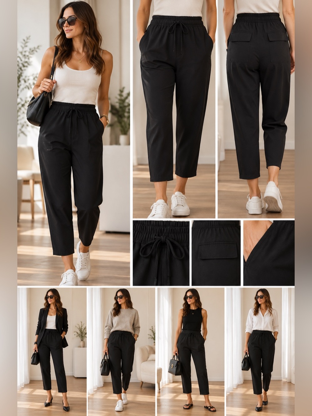Nili Lotan high rise Cropped Pants Small Black Virgin Wool Drawstring Trouser